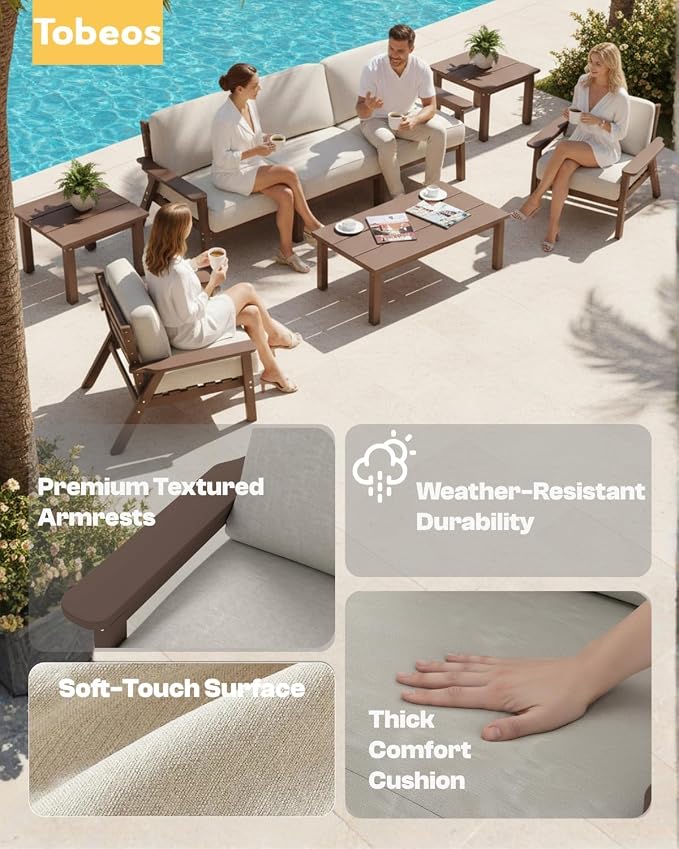 HDPE Patio Furniture Set 8 Seats, Outdoor Couch with Washable Thick Beige Cushions & Side Table, Outdoor Sectional Furniture for Backyard, Deck, Lawn, Porch (Brown Frame)