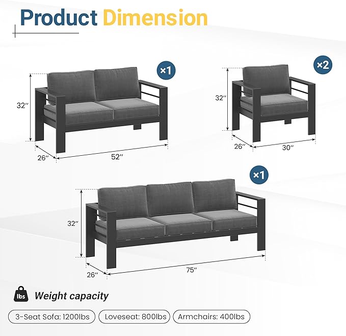 Patio Conversation Sets, Aluminum Outdoor Couch Sets with Propane Fire Pit Table, All-Weather Patio Couch with 5" Thick Soft Cushion and 43'' Firepit Table, Outdoor Sofa Sets for Balcony, Dark Gray
