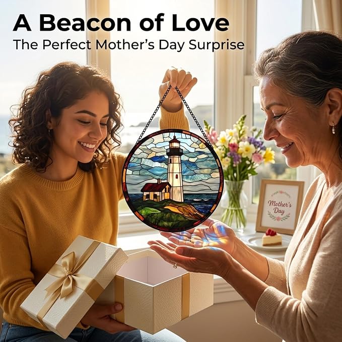 Birthday Gifts for Women - Ocean Lighthouse Faux Stained Glass Window Hanging Sun Catcher for Door Garden Acrylic Decor Mother's Day Christmas for Mom Men Nana Grandma Sisters Dad 7.8"