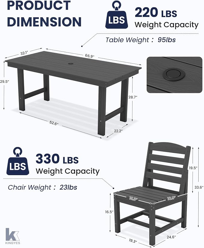 KINGYES 6-Piece Patio Dining Set, HDPE Table, Bench and Armless Chairs Outdoor Furniture Set with Umbrella Hole, Gray