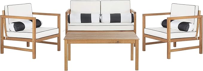 SAFAVIEH Outdoor Collection Montez Natural/ White Cushions/ Striped Bolster Pillows 4-Piece Conversation Patio Set
