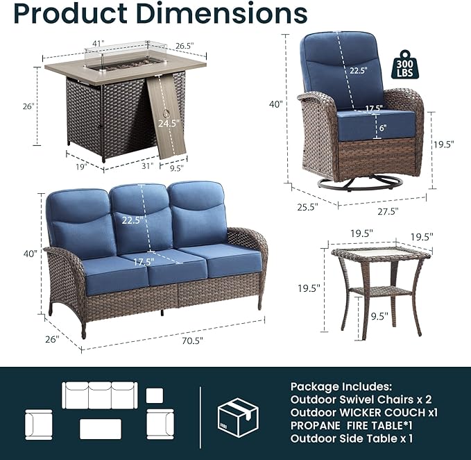 Luxury 6-Inch Cushion Patio Furniture Set with 41" Fire Pit Table, High Back Swivel Rocker Patio Chairs with Outdoor Couch, Outdoor Wicker Conversation for Deck Porch Garden Balcony Poolside