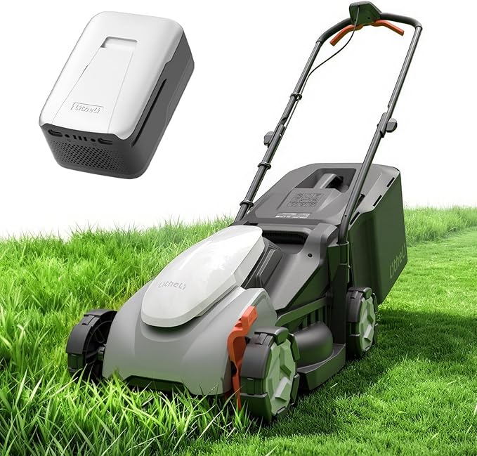 Litheli 14 Inch Cordless Lawn Mower 8.0Ah Battery Powered, Brushless Motor Push Mower, 5 Position Height Adjustment 25 65mm, 9 Gallon Grass Collection Bag, Lightweight for Mid Sized Yards