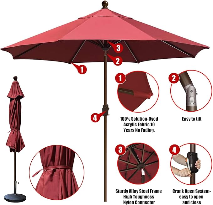 EliteShade USA 10-Year-Non-Fading 10Ft Market Patio Umbrella, UPF 50+ UV Protection Performance Sun Umbrella, Heavy Duty Commercial Grade Outdoor Table Umbrella with Crank & Tilt, Windproof Vented Top for Garden, Pool, Deck and Outdoor Playsets, Burgundy