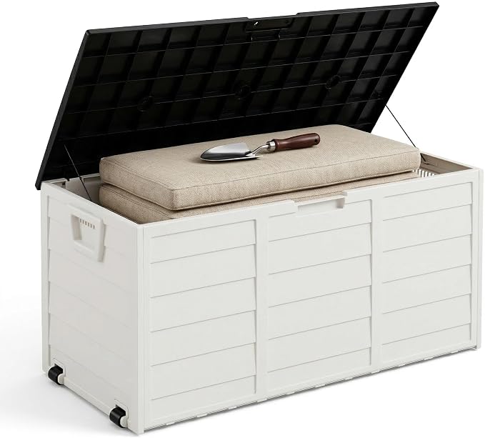 75 Gallon Outdoor Storage Box, 260L Waterproof Resin Deck Box for Patio Furniture Cushions, Garden Tools and Yard Accessories, Lockable Storage Chest with Wheels and Handles (Black+White)