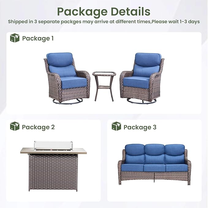 Luxury Patio Furniture Set with 6-inch Thick Cushion, Outdoor Furniture with Fire Pit Table, Swivel Chairs, Side Table, Sofa, 5pcs Wicker Conversation Set for Deck Yard and Poolside(Blue)