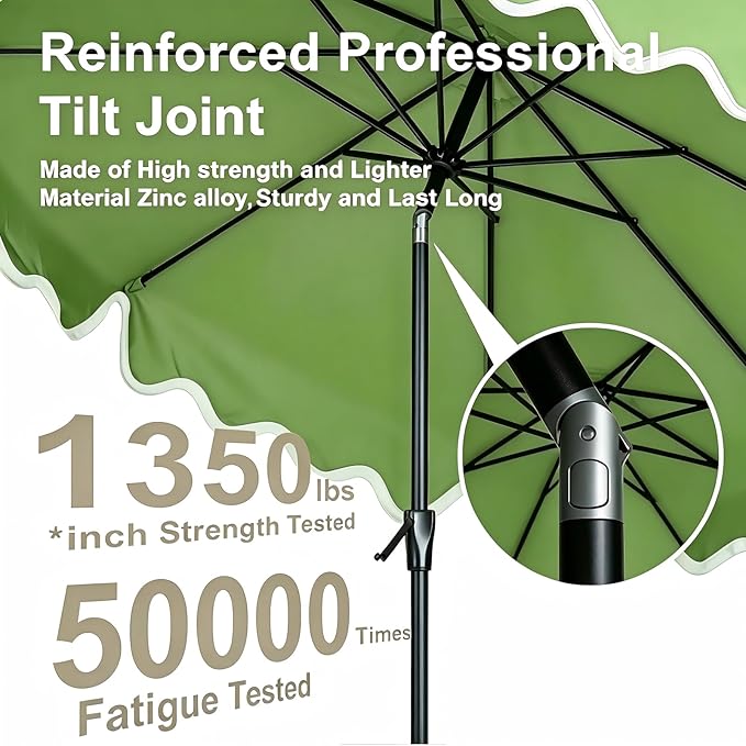 Tempera 9FT Scalloped Tassel Patio Umbrella, Outdoor Market Umbrellas with 8 Sturdy Ribs with Crank & Pust Button Tilt,Fade Resistant Canopy