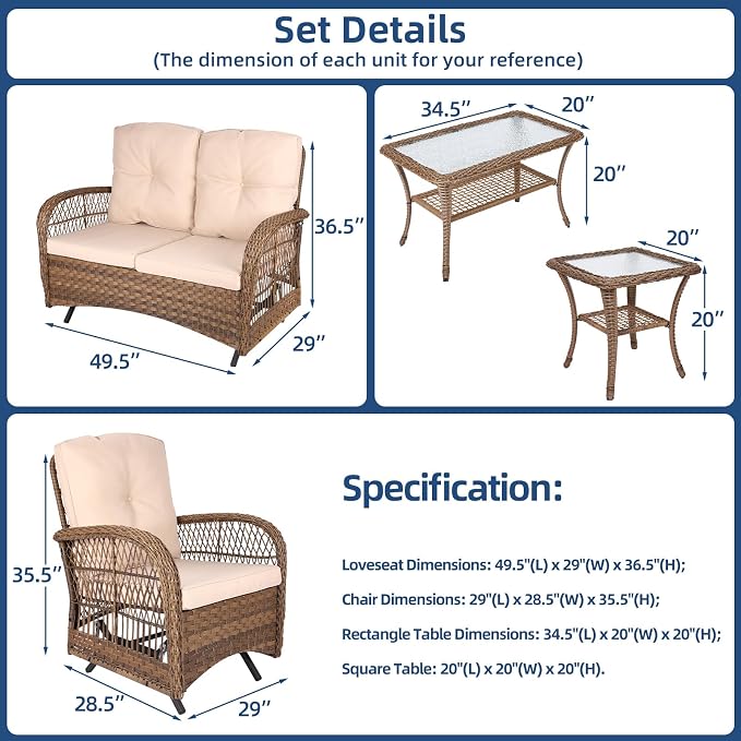 5-Piece Wicker Patio Furniture Sets Outdoor All-Weather Rattan Conversation Set Includes Glider Loveseat, 2 Glass-Top Coffee Tables, 2 Glider Rocker Chairs with Thickened Cushions