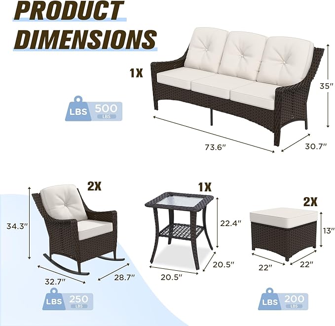 Stone Creek Outdoor Furniture Set with Rocking Chairs, 3 Seater Couch, Side Table & Ottomans, Wicker Patio Conversation Set, Balcony Furniture, 6 Piece, Brown/Beige