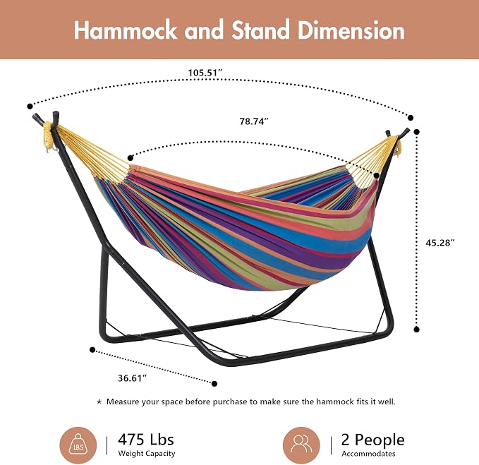 ANOW Double Hammock with Stand for Outside, Portable Space Saving Hammock Stand with Adjustable Height for Indoor Outdoor, 475 Lbs Capacity, Rainbow Stripes