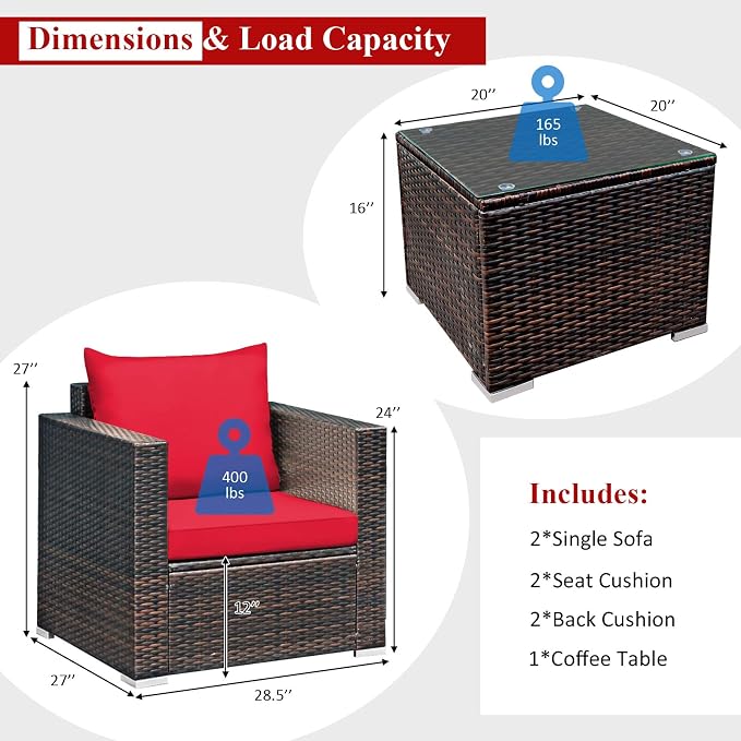 Patio Conversation Set Outdoor, 3-Piece Rattan Wicker Furniture Set with Water-Resistant Cushion & Tempered Glass Tabletop, Patio Furniture Set for Balcony, Porch, Poolside (Red)
