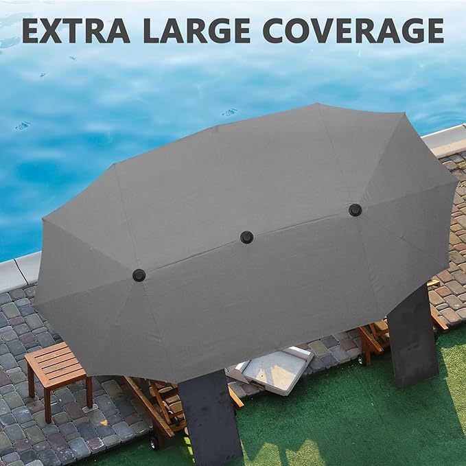 13Ft Large Patio Umbrella with Base Outdoor Double-Sided Market Extra Large Table Umbrella Easy Crank for Yard, Poolside, Deck-Gray