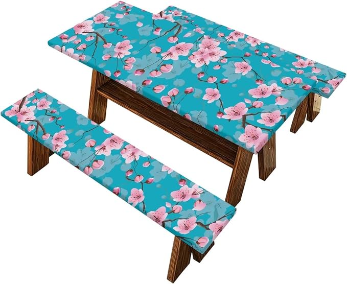 Cherry Blossom Table Cover with Bench Covers Washable Rectangle Table Cover Outdoor Patio Camping Essentials Picnic Table and Chair Decorative Cover Suitable for Thanksgiving