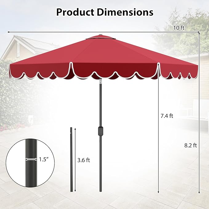 HAPPYGRILL 10 FT Patio Umbrella, Market Table Umbrella w/Crank, Push Button Tilt, Ruffled Edges, Vented Top & 8 Ribs, Outdoor Sun Shade for Poolside Backyard Beach