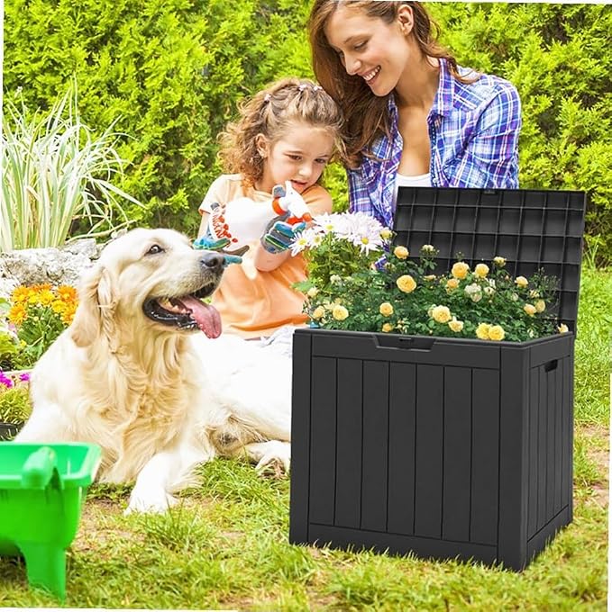 Black 30-Gallon Deck Box Storage with Woodgrain Texture, 22x17x21in for Patio & Garden - Waterproof Lid, UV-Resistant