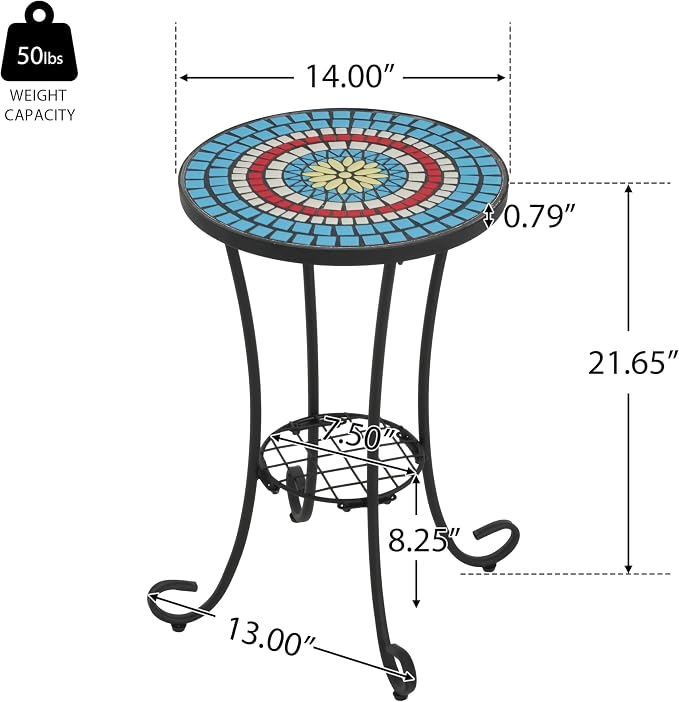 Christopher Knight Home Glady Outdoor Round Side Table, Patio End Table with Ceramic Top and Metal Frame, Small Decorative Accent Table for Patio Garden Porch Balcony, Mosaic