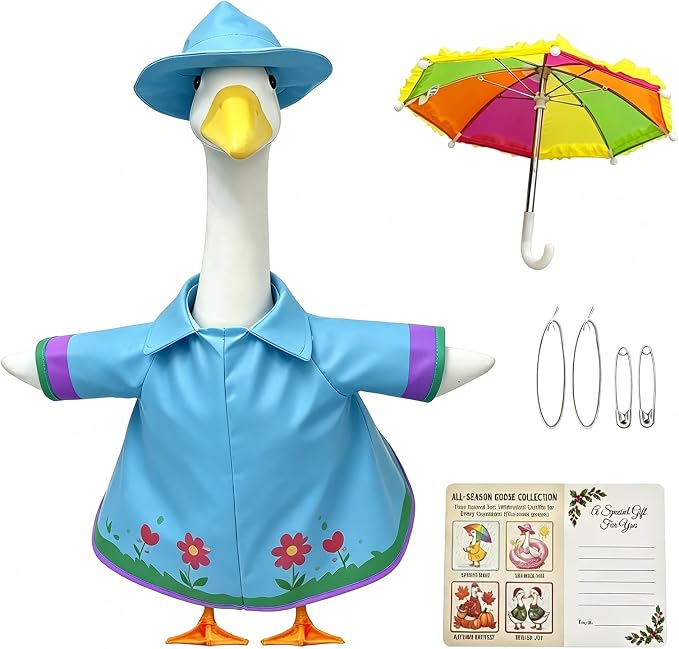 3 Pcs/Set Floral Raincoat Porch Goose Outfits: Blue Lawn Goose Statue Rain Coat Costume with Umbrella Hat - Summer Yard Goose Clothes for 23 Inch Goose Statue - Patio Garden Porch Lawn Outdoor Decor