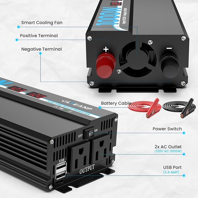 OLTEANP 1000W Pure Sine Wave Power Inverter with 2 AC Outlets, 2 USB Ports, LCD Display, 12V to 110V Car & Home Inverter for Vehicles, Laptop