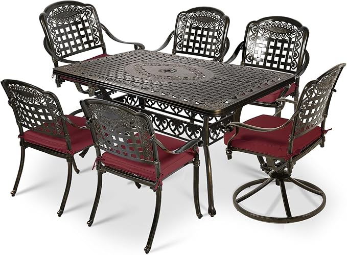 VIVIJASON 7-Piece Patio Furniture Dining Set, Outdoor Cast Aluminum Conversation Set, Include 4 Stationary Chairs, 2 Swivel Dining Chairs and a Rectangle Table with 2" Umbrella Hole, Red Cushion