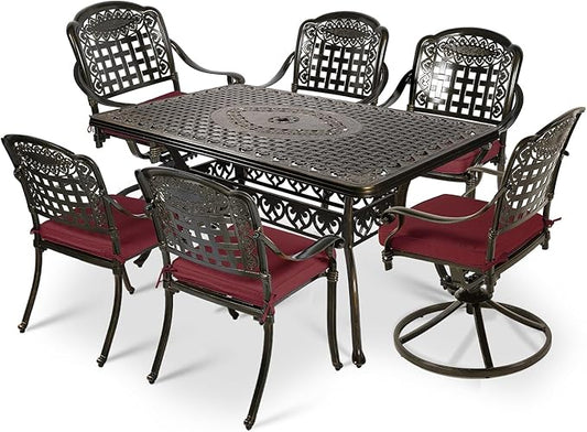 VIVIJASON 7-Piece Patio Furniture Dining Set, Outdoor Cast Aluminum Conversation Set, Include 4 Stationary Chairs, 2 Swivel Dining Chairs and a Rectangle Table with 2" Umbrella Hole, Red Cushion