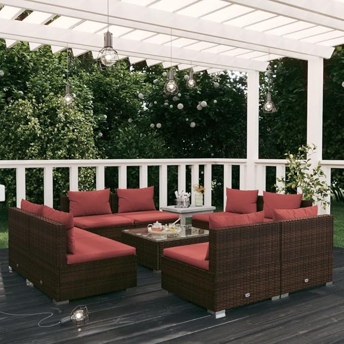 9 Piece Patio Lounge Set with Cushion, Outdoor Patio Sectional Furniture Conversation Sets Patio Lounge Set Piece Patio Set s Poly Rattan Brown