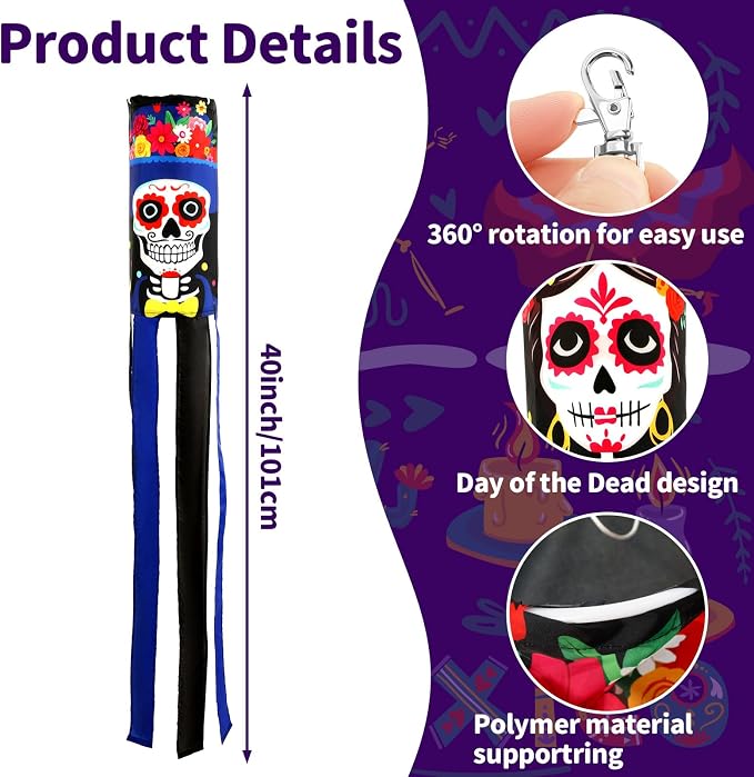 NOVWANG 2 Pcs Day of The Dead Windsocks, Dia de Los Muertos Wind Socks Day of The Dead Hanging Windsock Flag Decoration for Garden Yard Porch Backyard Patio Decor