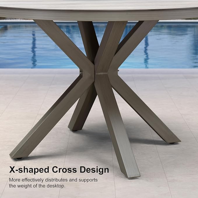 PURPLE LEAF 5 Pieces Round Dining Set Patio Aluminum Modern Oversize Round Table and Wicker Chairs with Cushions for Kitchen Porch Garden Outdoor Furniture Sets, Light Grey