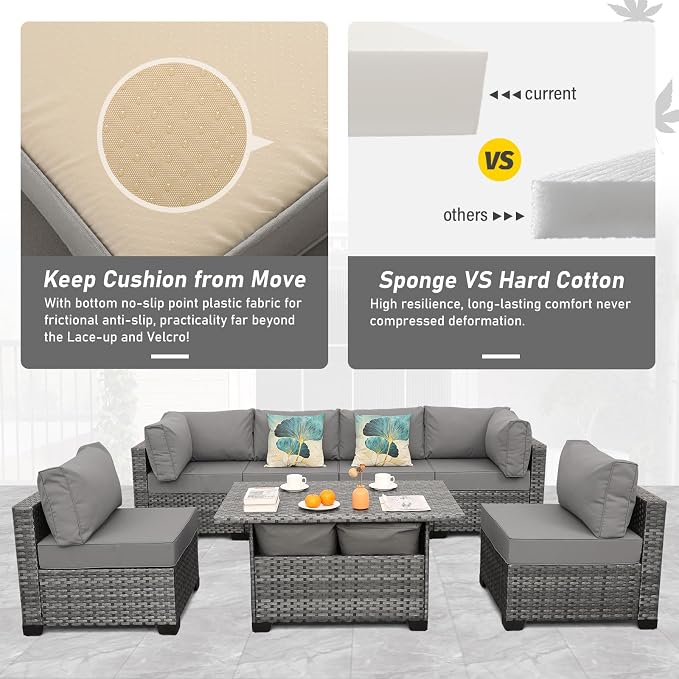 Lviden 7 Pieces Wicker Patio Furniture Set Outdoor Sectional Conversation Sofa Set with Storage Table Non-Slip Cushions and Furniture Cover, Light Grey