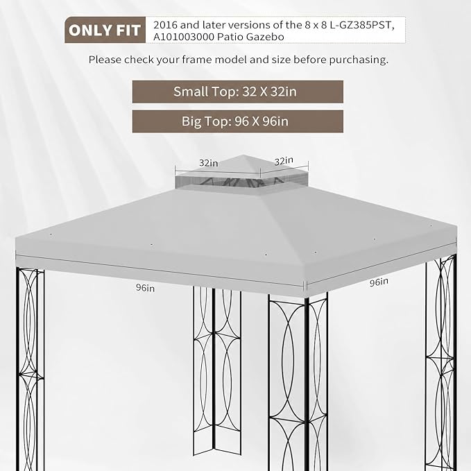 8'x8' Gazebo Cover Replacement Canoy Top Compatible with Canadian Tire Living Crawford, Fit for RONA 8x8 Gazebo #088-1067-8 (Gray)