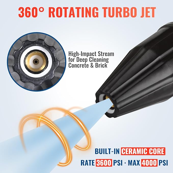 YAMATIC Pressure Washer Tips Turbo Nozzle Rated 3600 PSI Max. 4000 PSI, 360° Rotating Turbo Spray Tips for Power Washer with 1/4" Quick Connector, 4.0 GPM