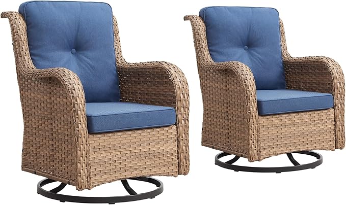 Outdoor Swivel Rocker Patio Chairs-Wicker Patio Swivel Chairs Set of 2 PE Rattan Patio Furniture for Porch Deck Balcony Garden-Yellow/Blue