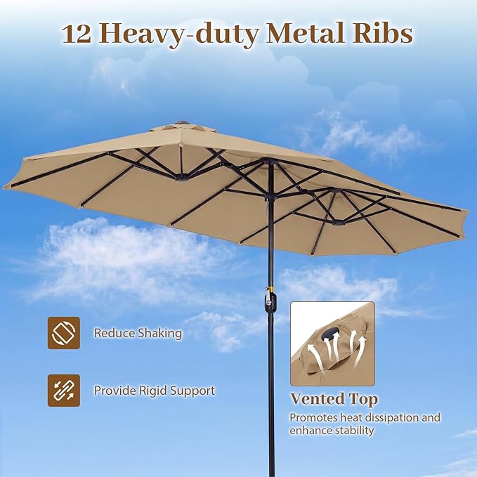 Tangkula 13 Ft Solar Patio Umbrella, Double-Sided Extra Large Outdoor Market Table Umbrella with 36 LED Lights, Crank Handle, 12 Sturdy Ribs for Poolside, Garden & Backyard (Tan)