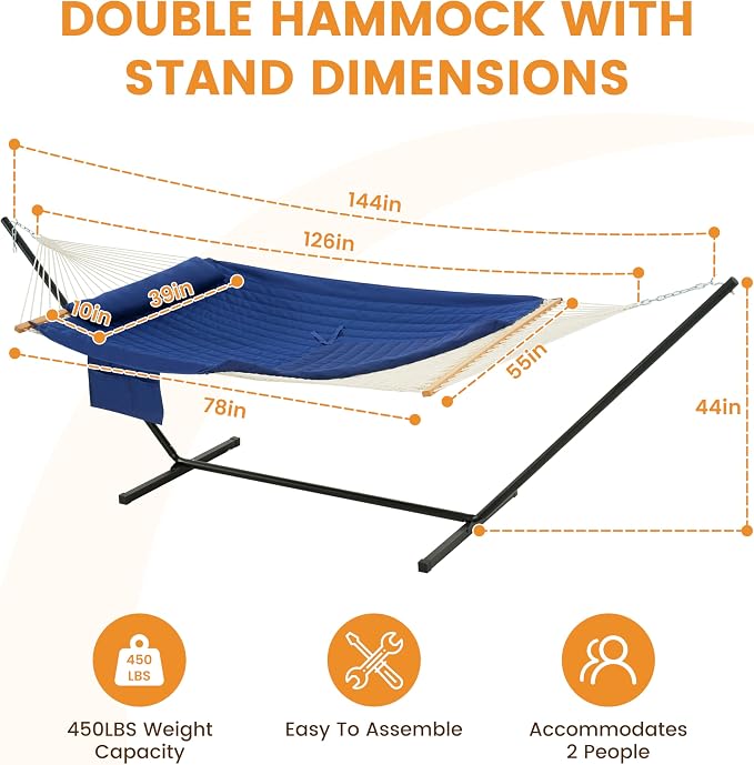 Lazy Daze Hammocks 2 Person Portable Hammock with 12FT Stand, 10.5FT Double Hand Woven Cotton Rope Hammock with Detachable Quilted Pad & Pillow for Outside, 450lb Capacity, Navy Blue