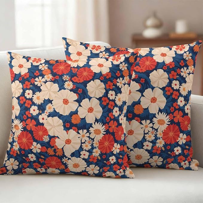Independence Day Outdoor Waterproof Throw Pillow Covers Set of 2, 26"x26", Red White Daisy Retro 4th of July Decorative Pillow Covers Outside Cushion Case for Patio Porch Garden