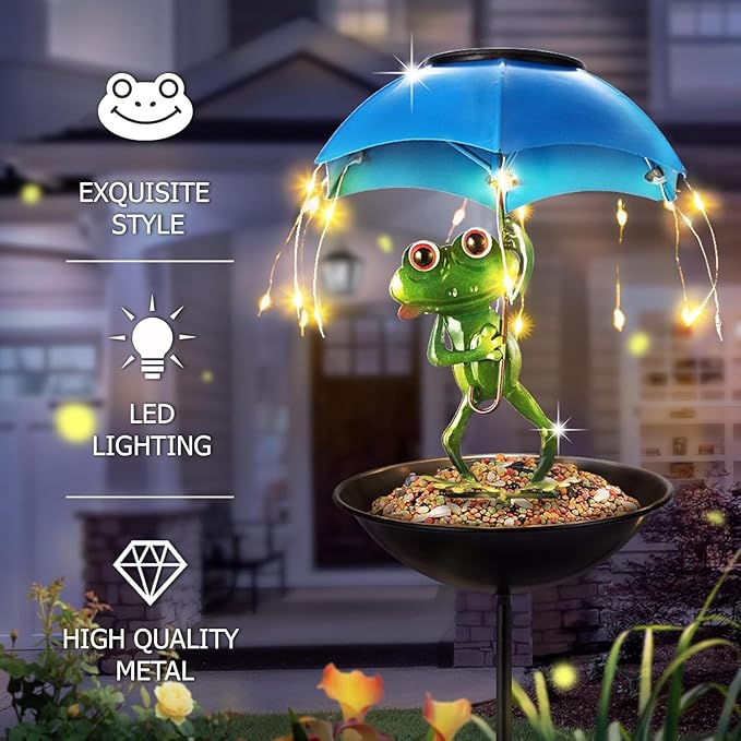 Solar Bird Feeder Frog Garden Decor, Outdoor Solar Lights with Umbrella, Hummingbird Feeder Decorative Path Lights Yard Art Ornament Bird Feeder (Frog)