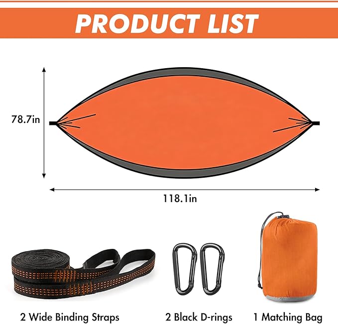 PeakPursuit Camping Double Hammock, Portable Hammock with Tree Straps, Tree Hammocks, Perfect for Outside Indoor Hiking Beach Backpack Travel, Orange