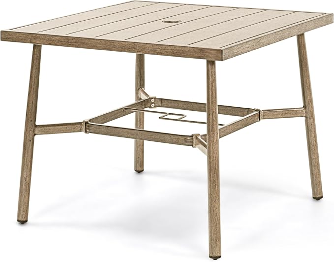 HAPPATIO Patio Table for 4, Modern Square Outdoor Dining Table with Umbrella Hole and Adjustable Feet, All Weather Aluminum Patio Table for Garden, Backyard and Poolside, Brown