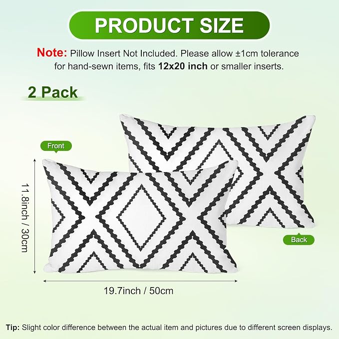 M METERXITY 2Pcs Boho Pillow Cover 12x20 Linen White Black Stripe | Water Resistant Boho Geometric Slipcover, for Patio, Balcony, Garden, Decor Pillow Case