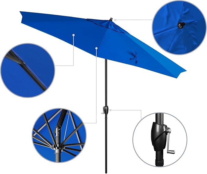 California Umbrella 12-Year Protection 9' Rd Aluminum Patio Umbrella, Crank Lift, Auto Tilt, Black Finish, Sunbrella Pacific Blue