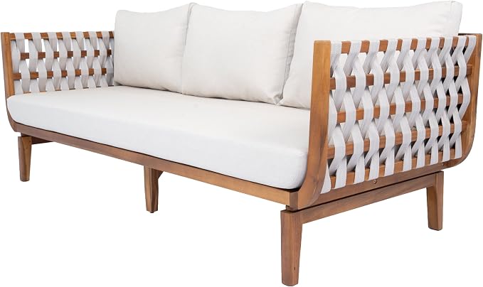 Merax Patio Rope Woven 3-Seater Sofa, Outdoor Acacia Wood Sofa Daybed with Water Repellent Fabric Cushion and Sturdy Base for Porch, Lawn, Backyard, Balcon, Teak+ Beige