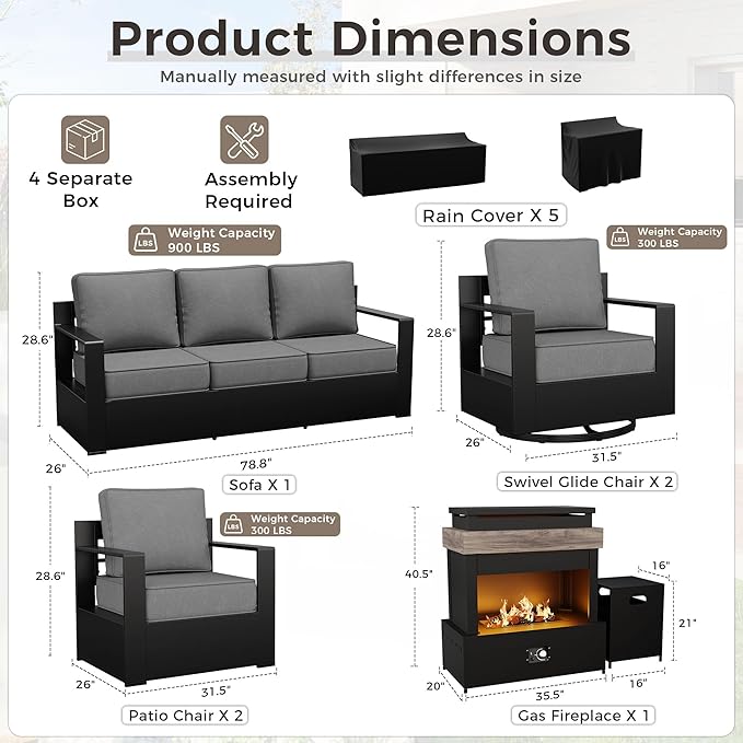 Outdoor Patio Furniture Set, 6-Piece Aluminum Patio Conversation Set All-Weather Metal Outdoor Sectional with 6 Inch Thick Cushions, Deep Setting and Fireplace for Garden, Outside and Porch, Grey