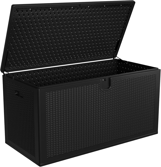 Takywep 150 Gallon Resin Outdoor Deck Storage Box, Weather Resistant Patio Storage Bin with Lockable Hinged Lid, Built-in Side Handles, Weight Bearing Bench Seat for Garden Pool Porch Supplies, Black