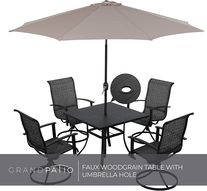 Grand patio Patio Dining Set for 4, Outdoor Dining Set with 4-Piece Mesh Sling Swivel Patio Rocking Chairs, 1-Piece Square Woodgrain Dining Table with 1.5'' Umbrella Hole, Black & Grey Plaid