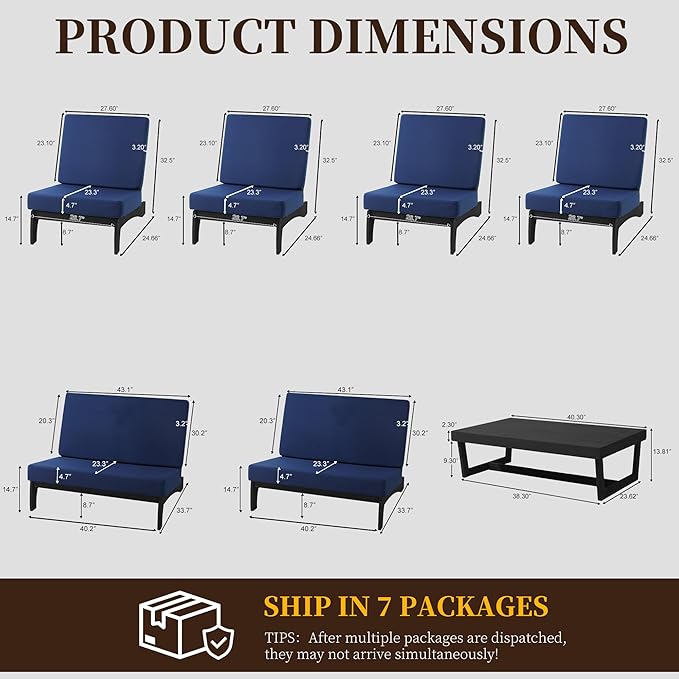 UIXE 7 Pieces Black Wood Patio Furniture Sets, 2 Patio Loveseat, 4 Patio Bistro Chair, All Weather Outdoor Sectional Sofa Furniture Backyard Conversation Set with Coffee Table - Navy