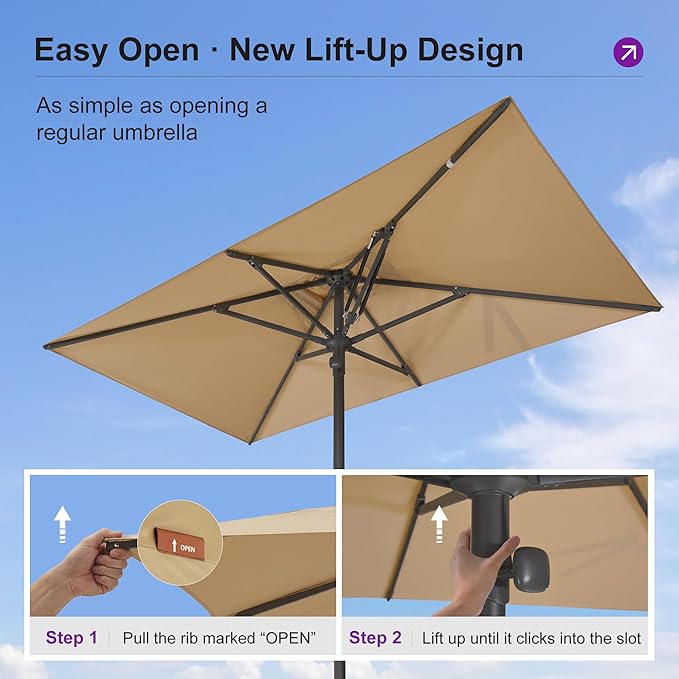 PURPLE LEAF 8' x 5' Rectangular Semi-Auto Outdoor Patio Umbrella Aluminium Market Umbrella Table Sun Umbrella with 1.89" Rod and 6 Sturdy Ribs for Deck Lawn Pool Garden, Beige