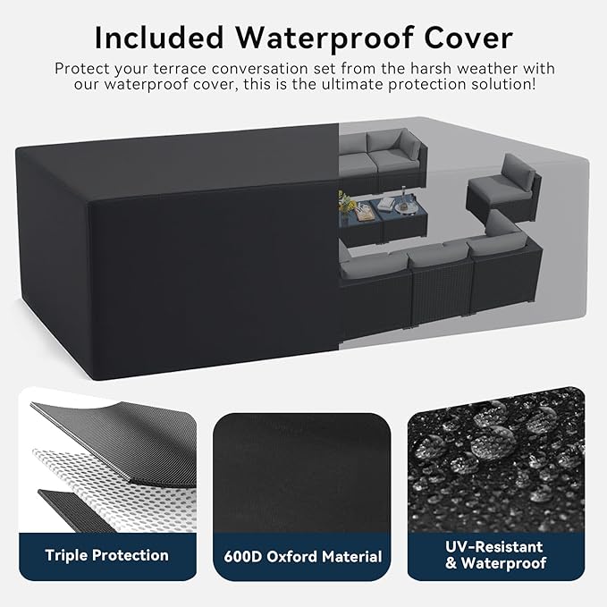 LazySunsets 10 Piece Outdoor Patio Furniture Set with Coffee Table, Outdoor Patio Furniture Sets with Waterproof Cover, Wicker Rattan Outdoor Conversation Set for Backyard & Garden, Light Grey