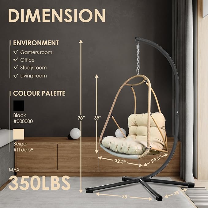 JESE Swing Egg Chair Foldable Frame Hanging Chairs, UV Resistant Waterproof Cushion and Cup Holder,Swing Hammock Chairs for Patio,Bedroom,Balcony, Garden-350lbs, Stand Included, Brown