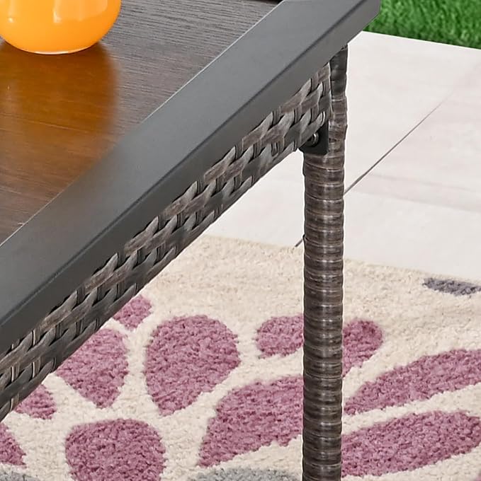 Outdoor Square Coffee Table Metal Wicker Patio Table with Wood Grain Tabletop Steel Frame