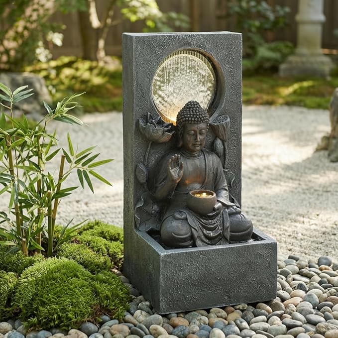 28'' H Outdoor Buddha Fountain with Waterfall & LED Lights, Zen Water Feature with Weather-Resistant Resin for Patio Garden Backyard, Freestanding Decor, Black