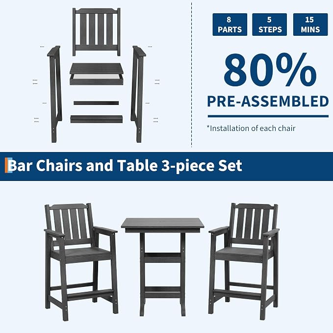 3-Piece HDPE Outdoor Bar Table and Stools Set, 39.6" Tall Pub Table with Umbrella Hole and 2 Counter Height Chairs, Weatherproof Patio Dining Furniture for Backyard, Balcony, Bistro, Dark Grey